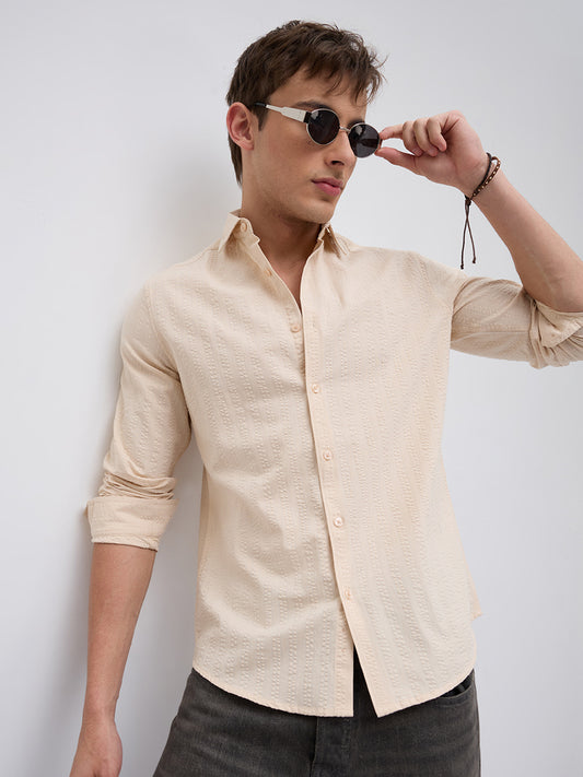 Bisque Beige Seersucker Striped Shirt