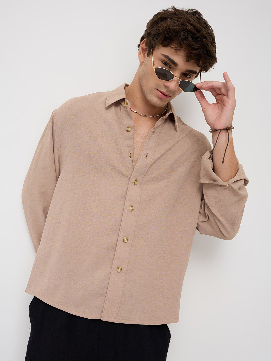 Soft Khaki Lightweight Crinkled Boxy Fit Crop Shirt