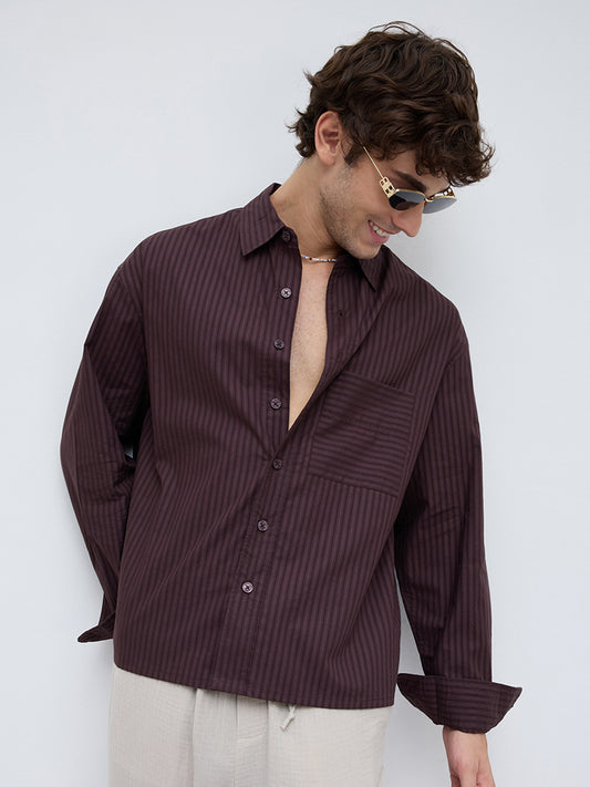 Plush Brunette Brown Subtle Striped Boxy Fit Crop Shirt