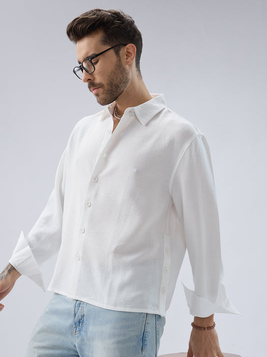 Snow White Side Slit Button Slub Textured Oversized Crop Shirt