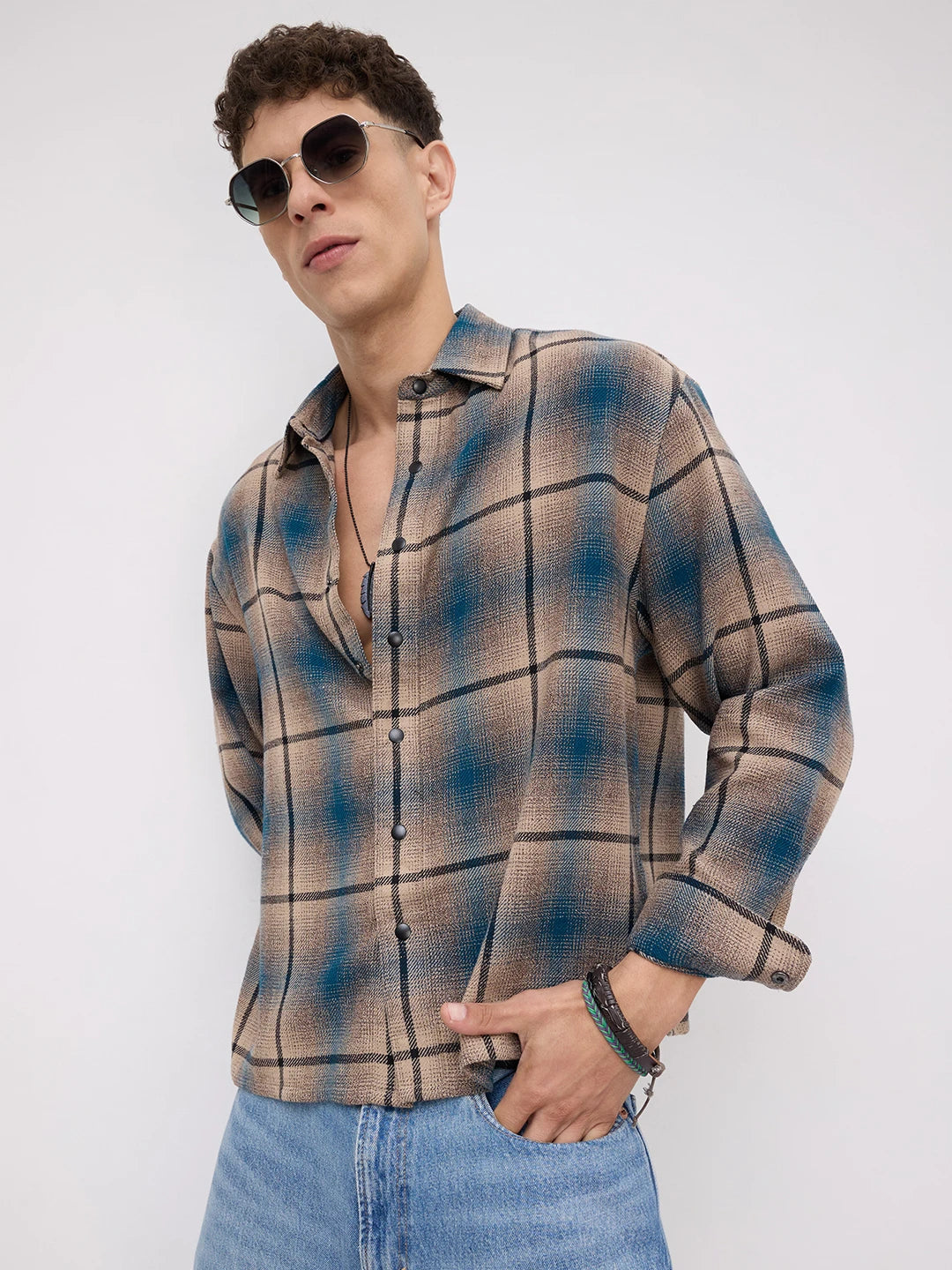 Teal & Khaki Plaid Checks Flannel Boxy Fit Crop Shirt