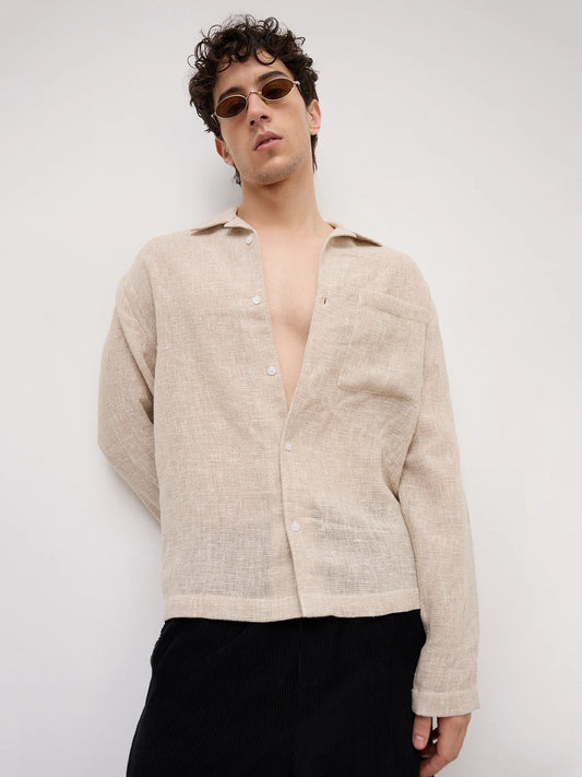 Artisan Sand Mesh Weave Notch Collar Oversized Shirt