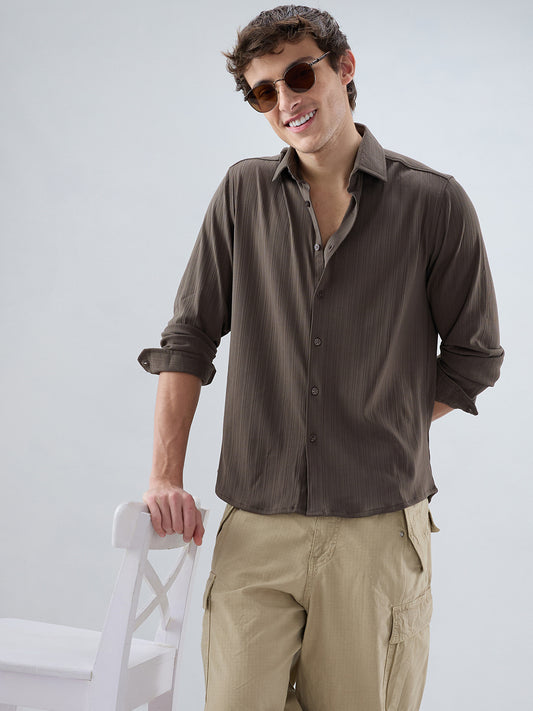 Carbon Grey Fine Vertical Ribbed Knitted Shirt