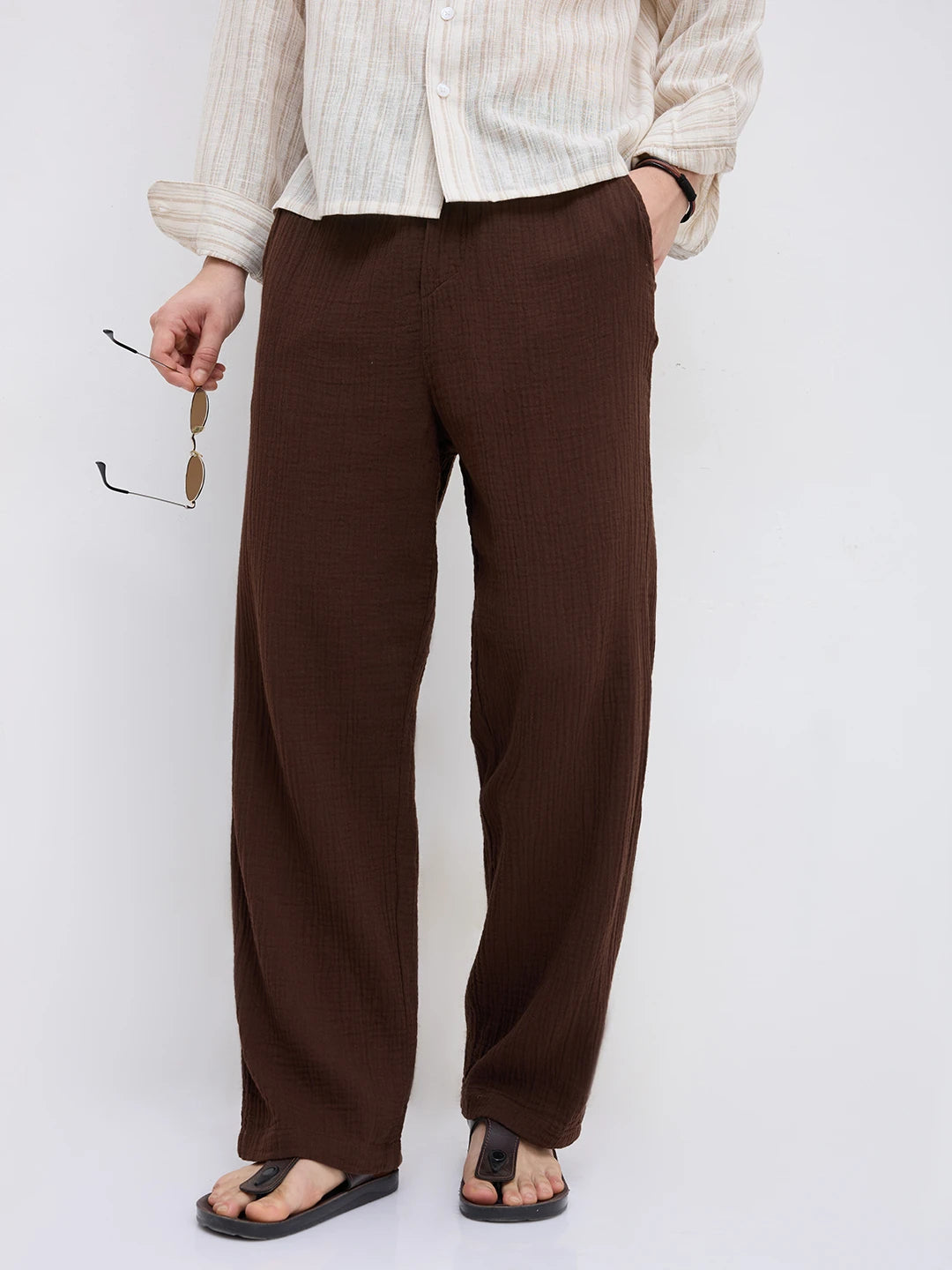 Cocoa Bean Brown Double Cloth Straight Fit Trousers