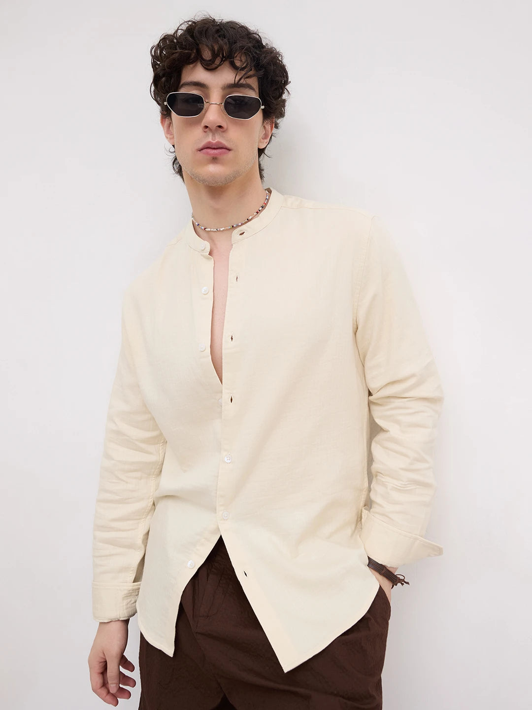 Bisque Beige Herringbone Textured Mandarin Shirt