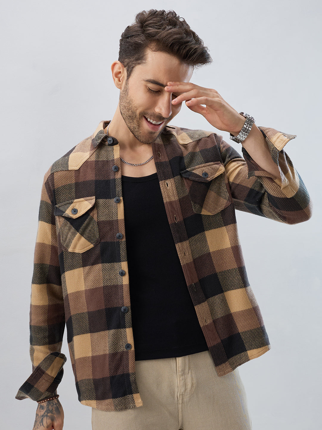 Brown & Black Tartan Checked Double Pocket Flannel