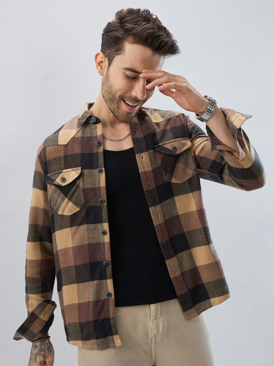 Brown & Black Tartan Checked Double Pocket Flannel
