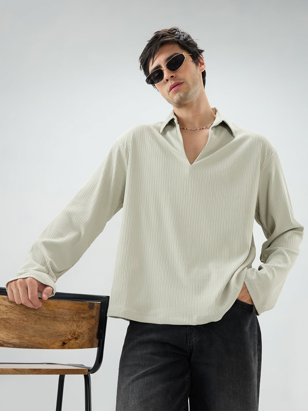 Sage Green Precision Ribbed Oversized Polo Knitted Shirt