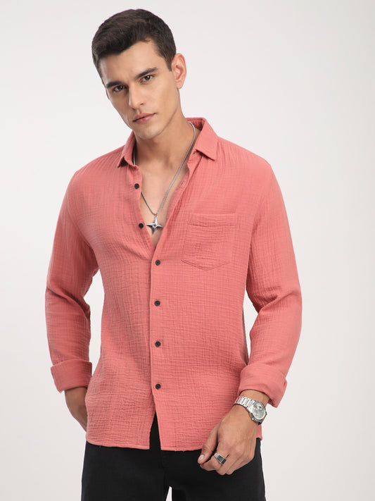 Coral Crinkled Double Cloth Shirt