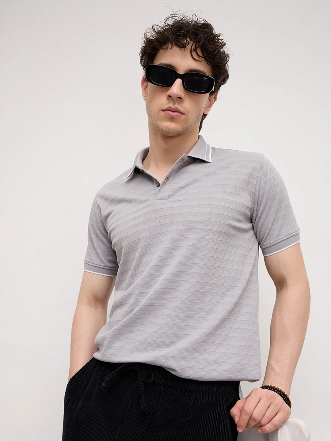 Silver Grey Horizontal Stripe Contrast Polo Knit T-Shirt