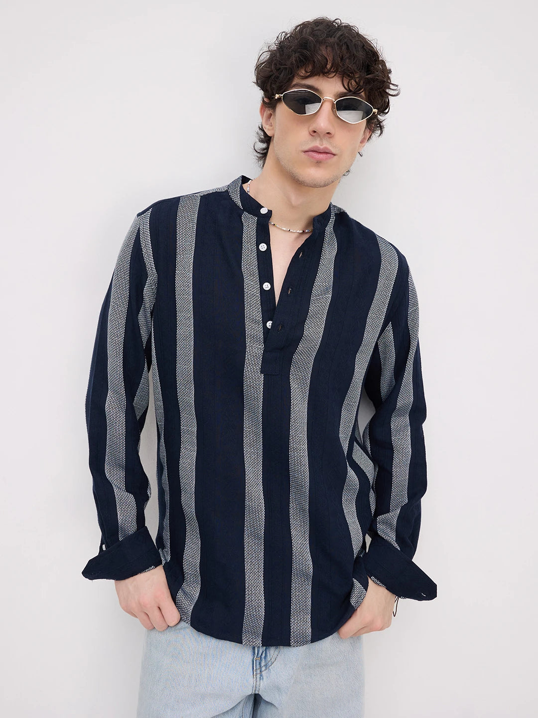 Twilight Navy Artisan Contrast Loom Striped Kurta