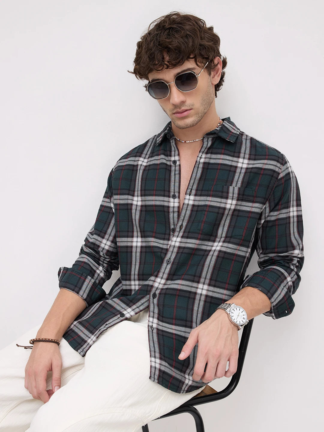Deep Forest Green Contrast Checks Shirt