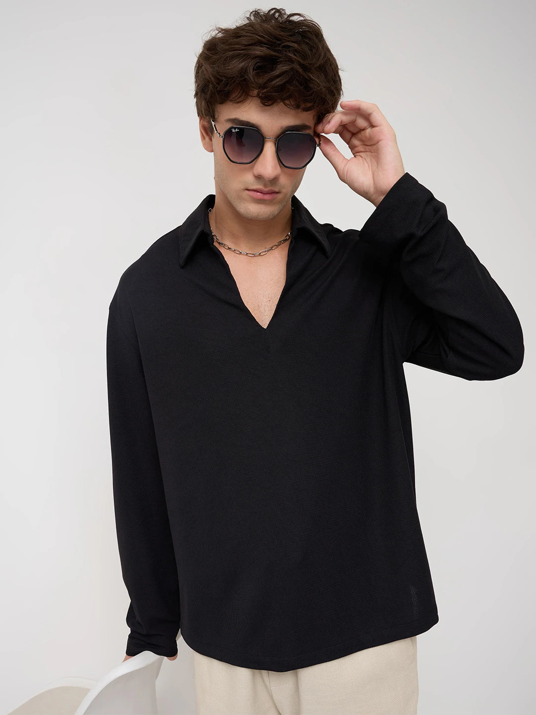 Timeless Black Oversized Knitted Polo Shirt