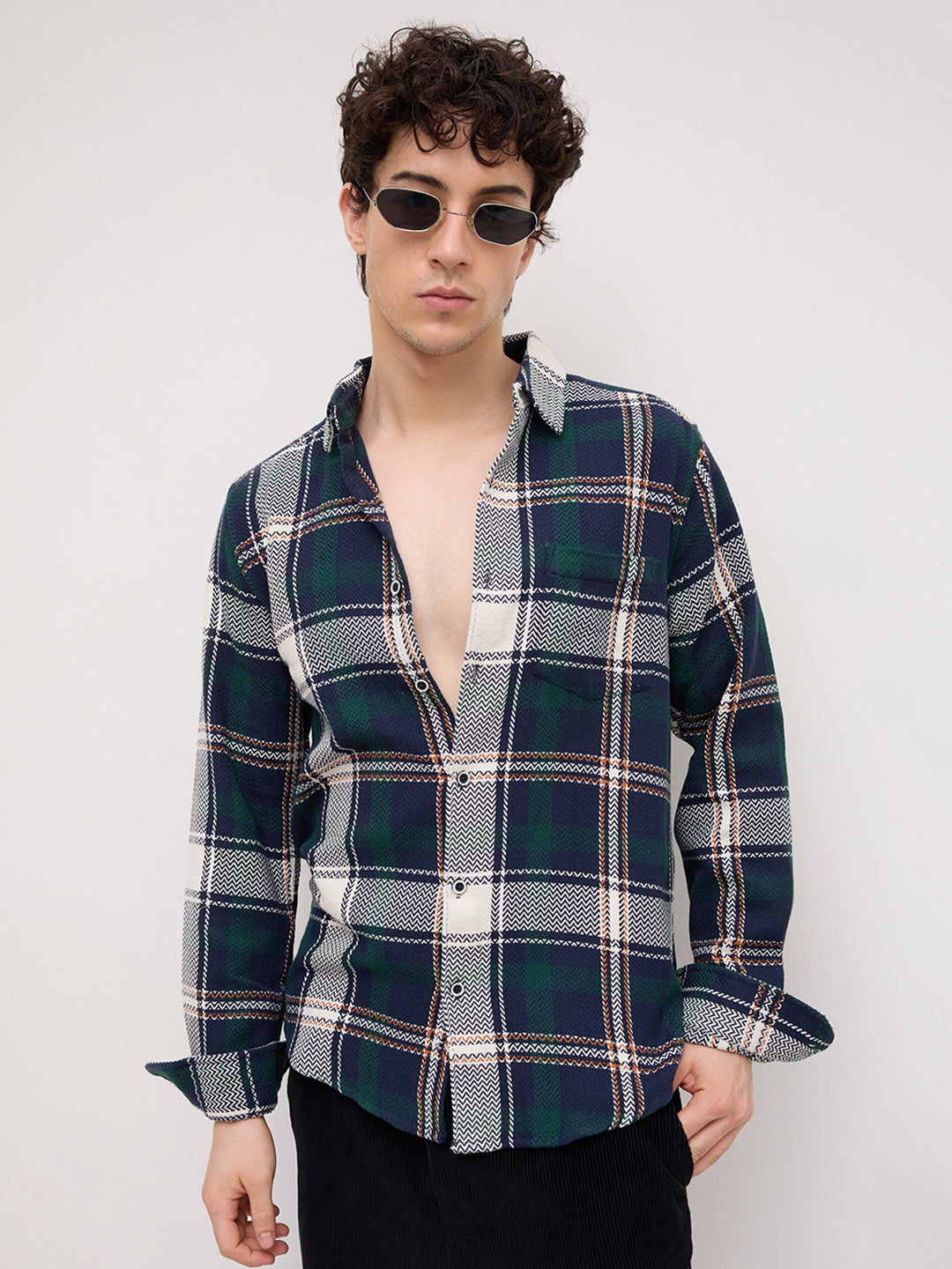 Navy Tweed Checks Tartan Checkered Flannel Shirt