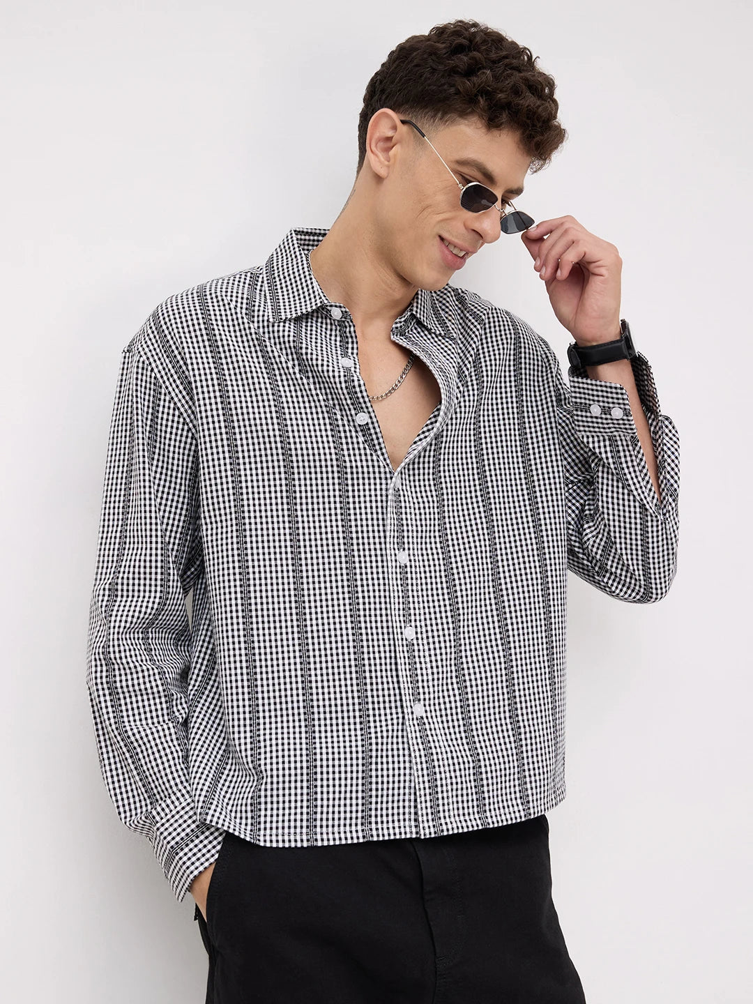 Bold Monochrome Vacation Checks Boxy Fit Crop Shirt