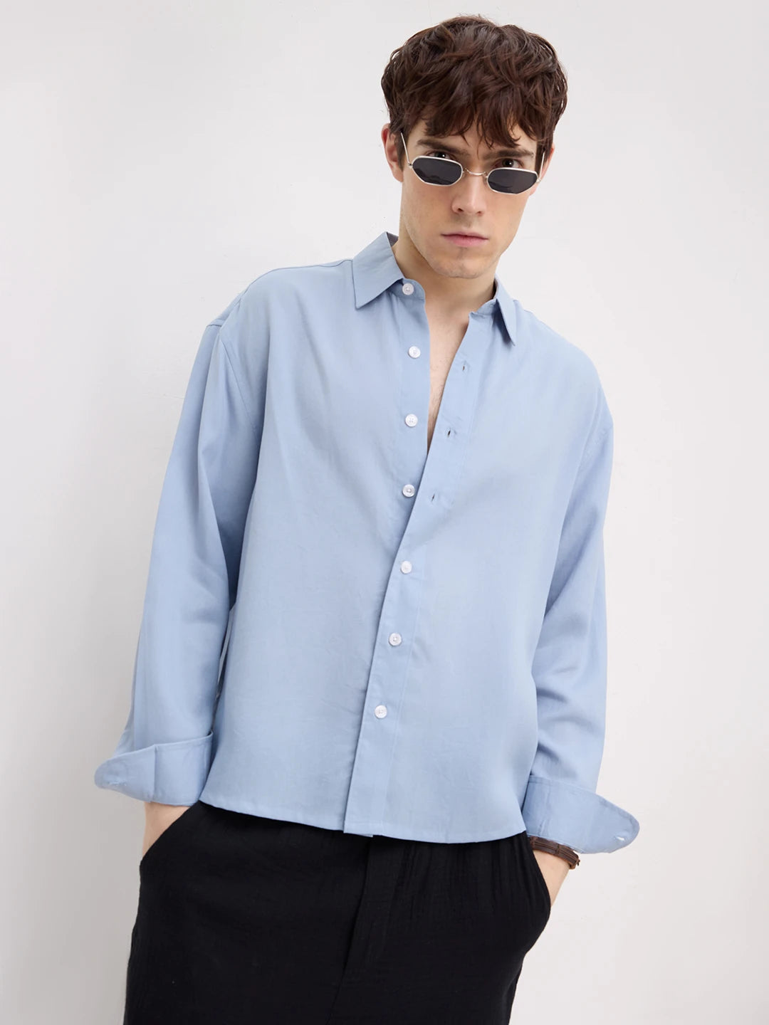 Classic Powder Blue Boxy Fit Crop Shirt