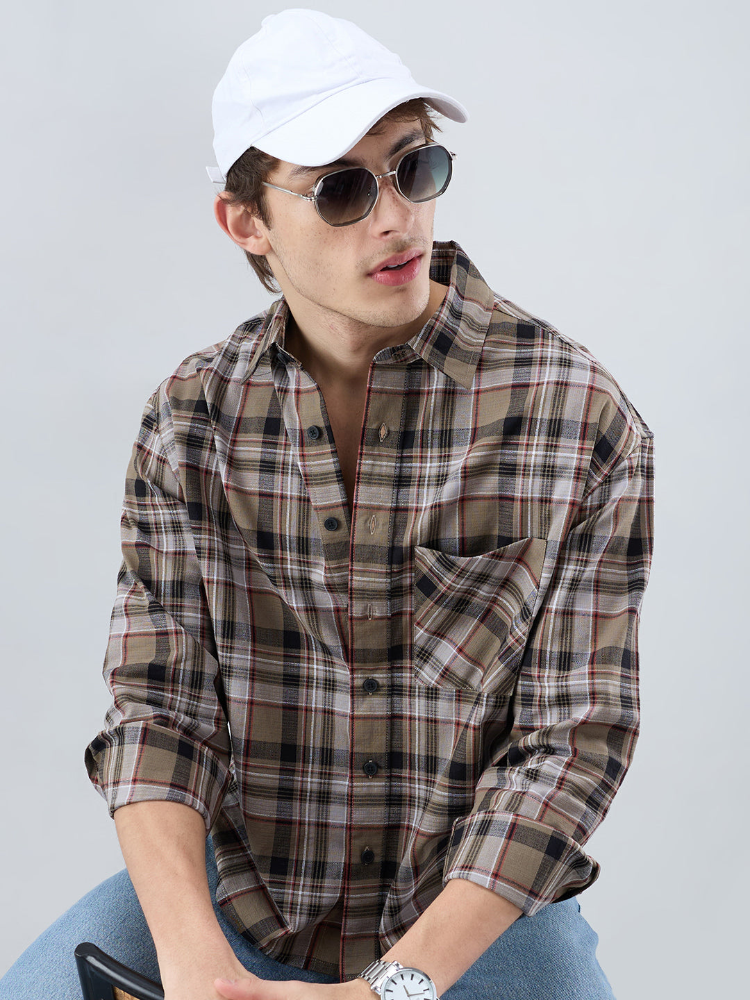 Muted Olive Plaid Checks Boxy Fit Crop Shirt