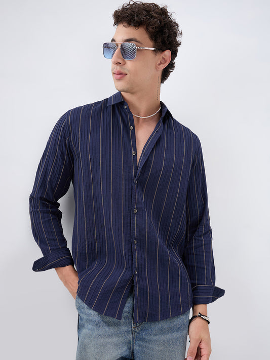 Intricate Navy & Olive Raised Striped Shirt