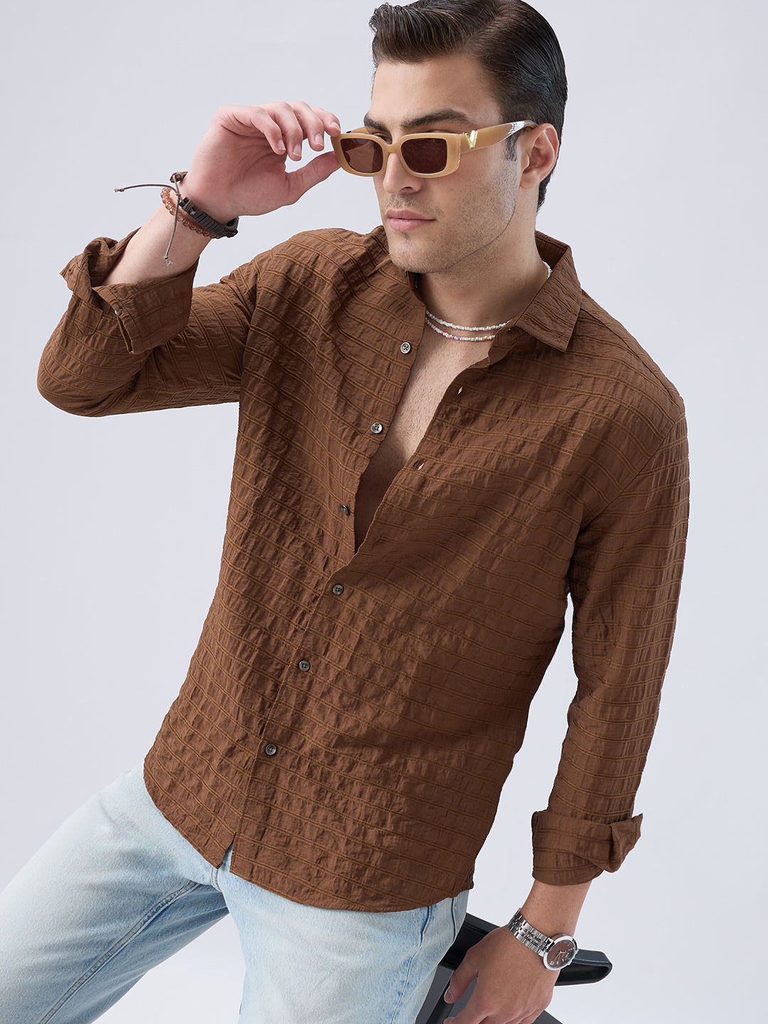 Brown Horizontal Stripes Textured Crinkled Shirt