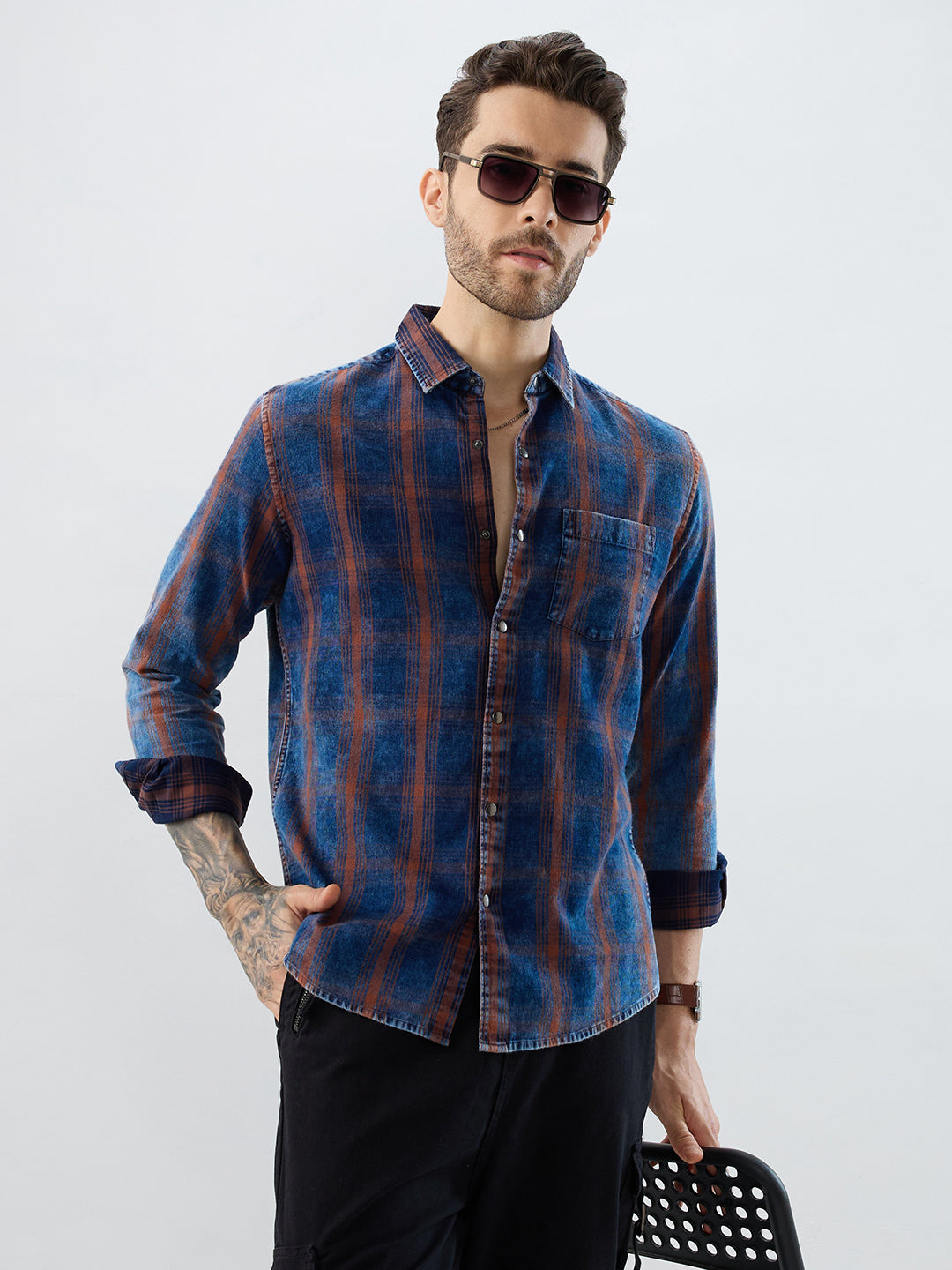 Versatile Navy & Copper Denim Plaid Checks Shirt