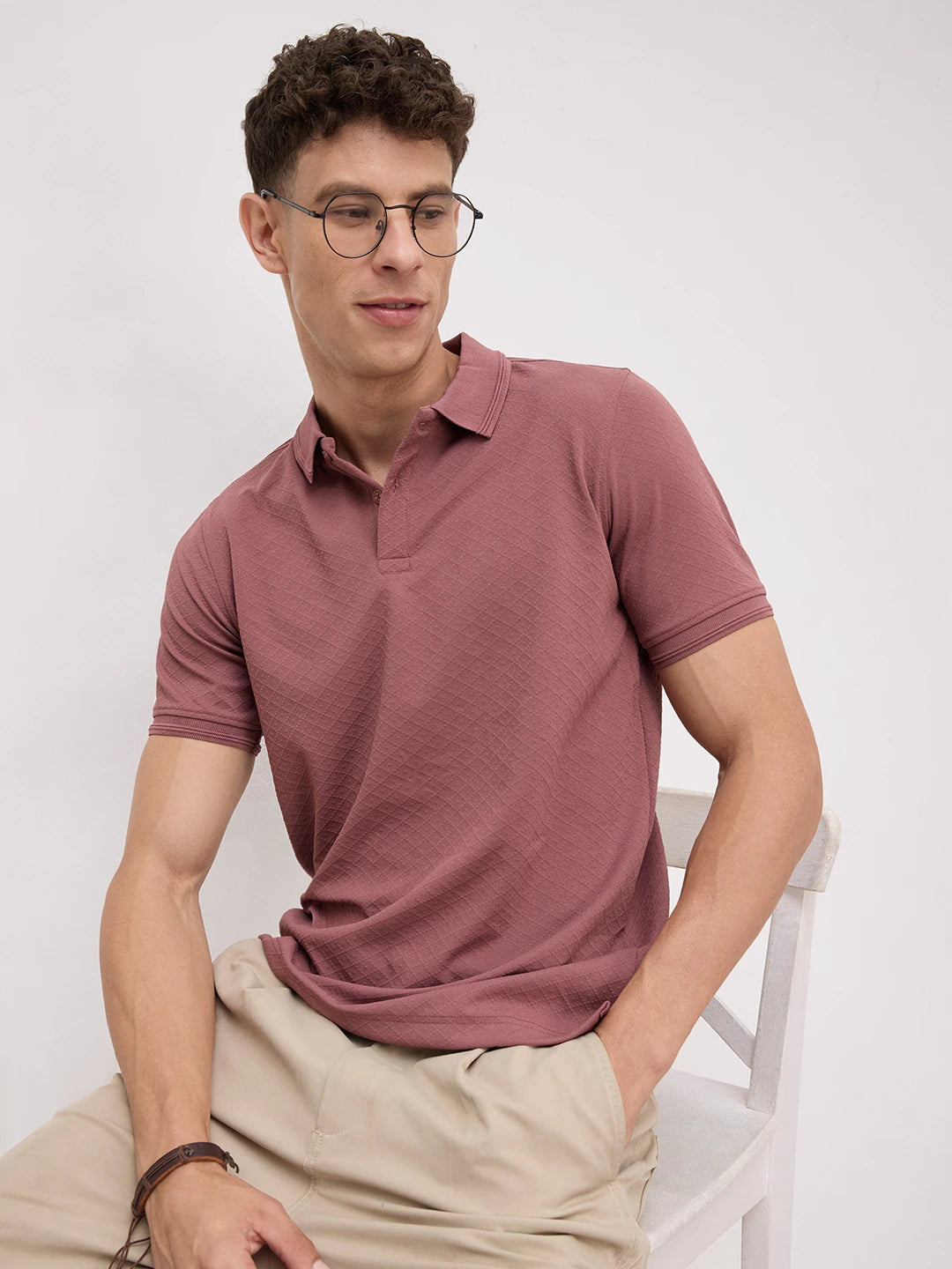 Dusty Rose Diamond Weave Polo Knit T-Shirt