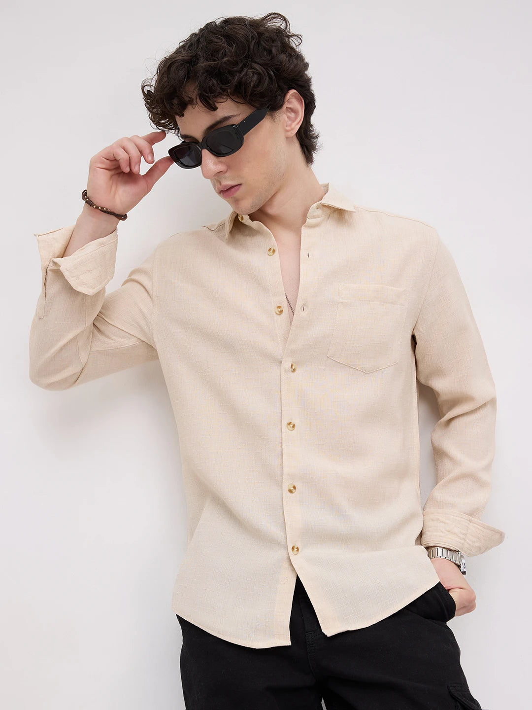 Elegant Cream Slub Textured Shirt
