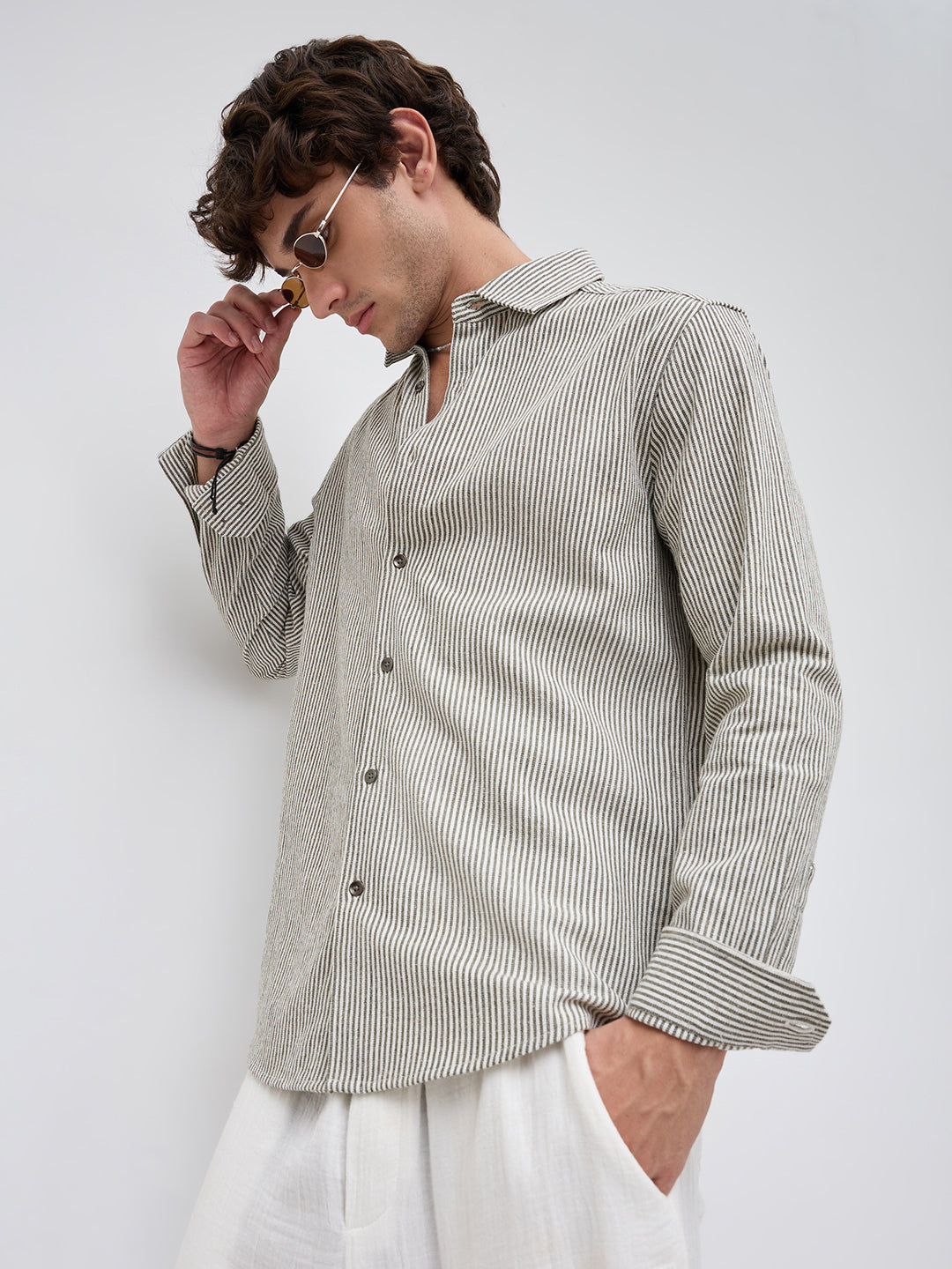 Olive & White Vertical Striped Relaxed Shirt