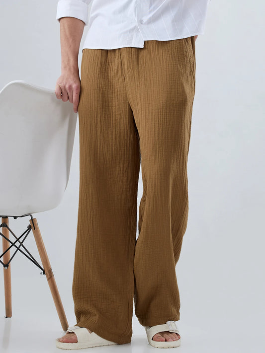 Sepia Brown Double Cloth Straight Fit Trousers