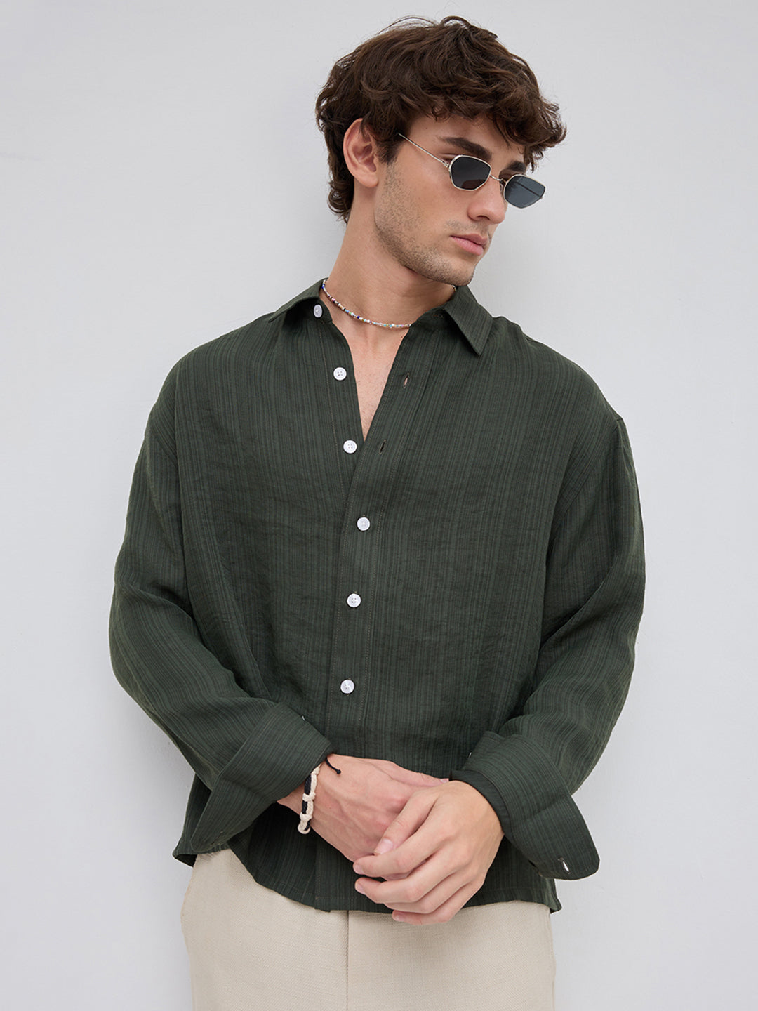 Olive Pin Striped Crinkled Boxy Fit Crop Shirt
