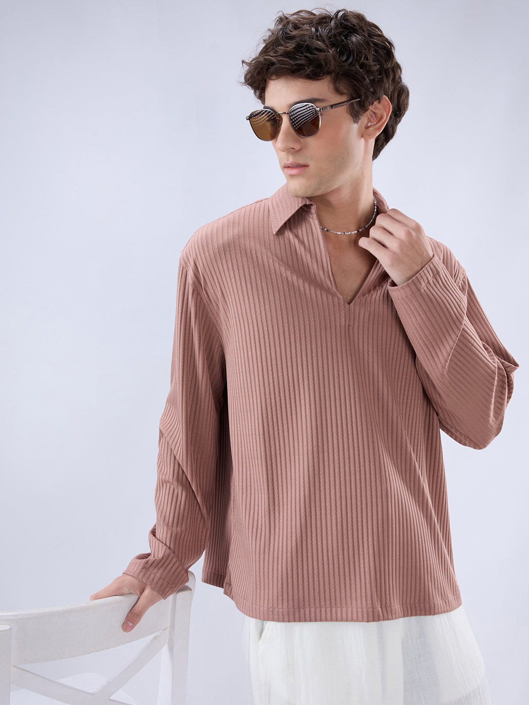 Warm Peach Dual Weave Striped Oversized Polo Knit Shirt