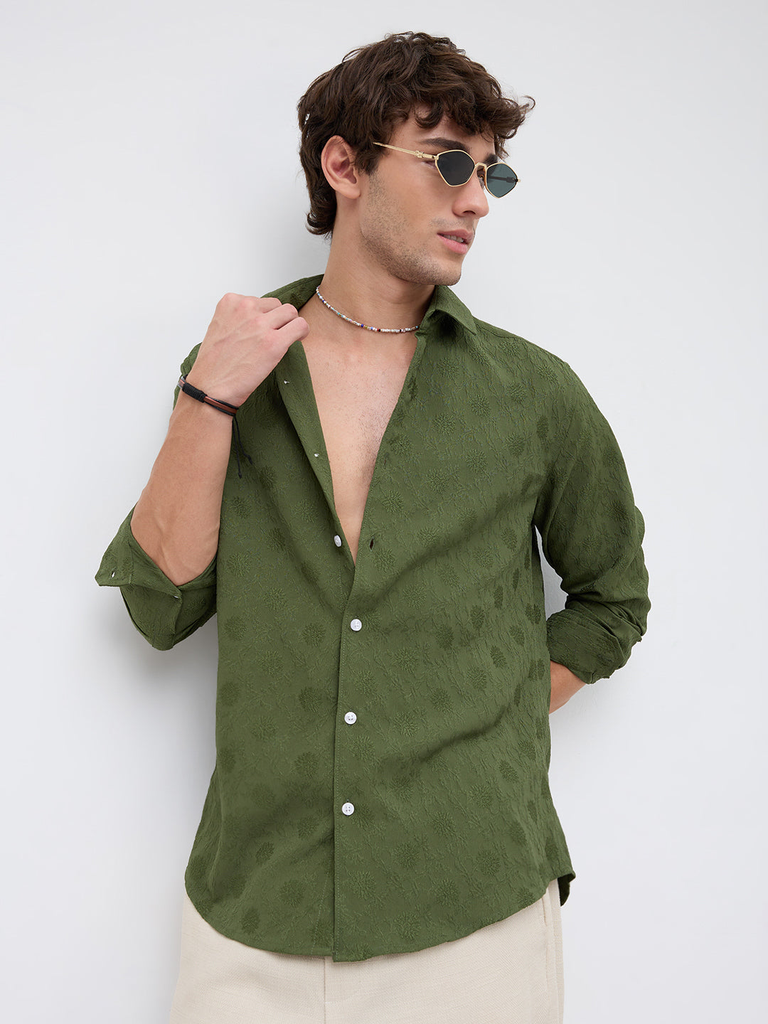 Refined Forest Green Floral Textured Shirt