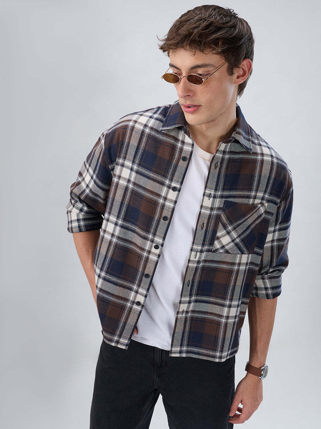 Brown & Navy Plaid Checks Boxy Fit Crop Shirt