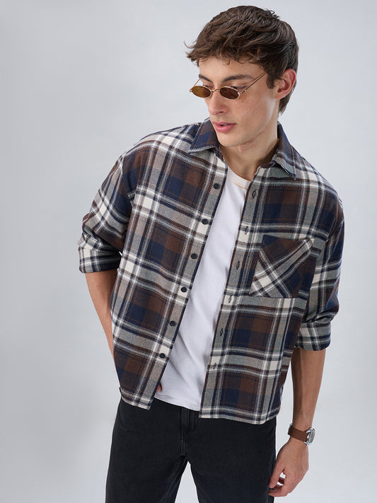Brown & Navy Plaid Checks Boxy Fit Crop Shirt