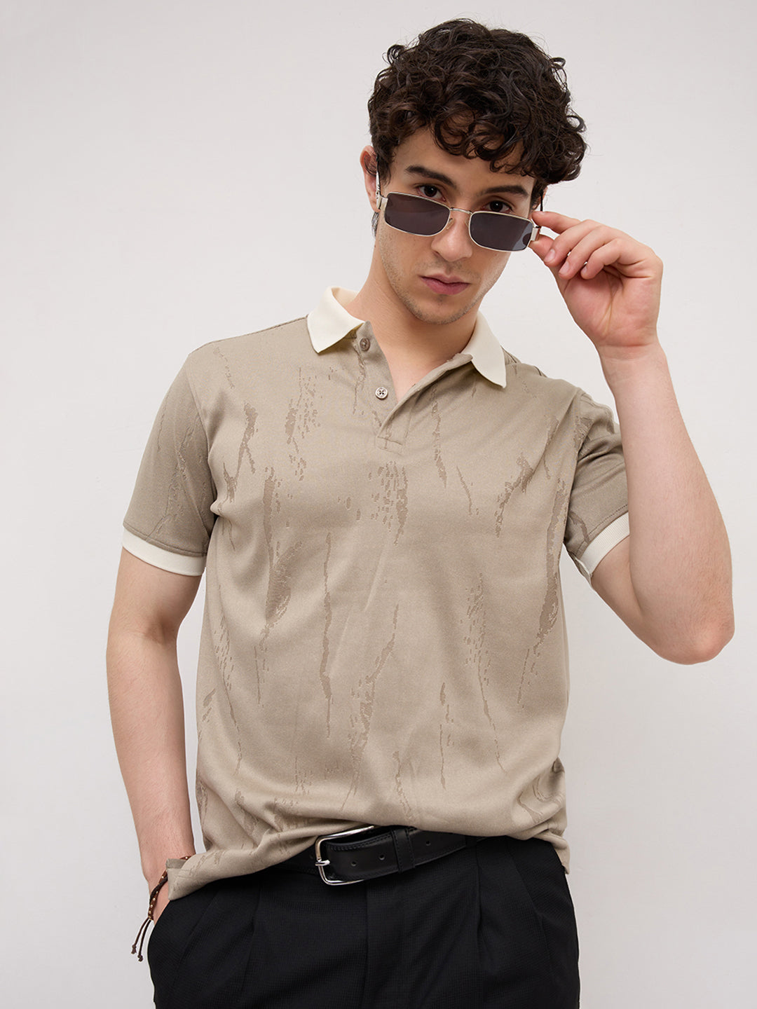 Classic Grey Textured Contrast Polo Knit T-Shirt