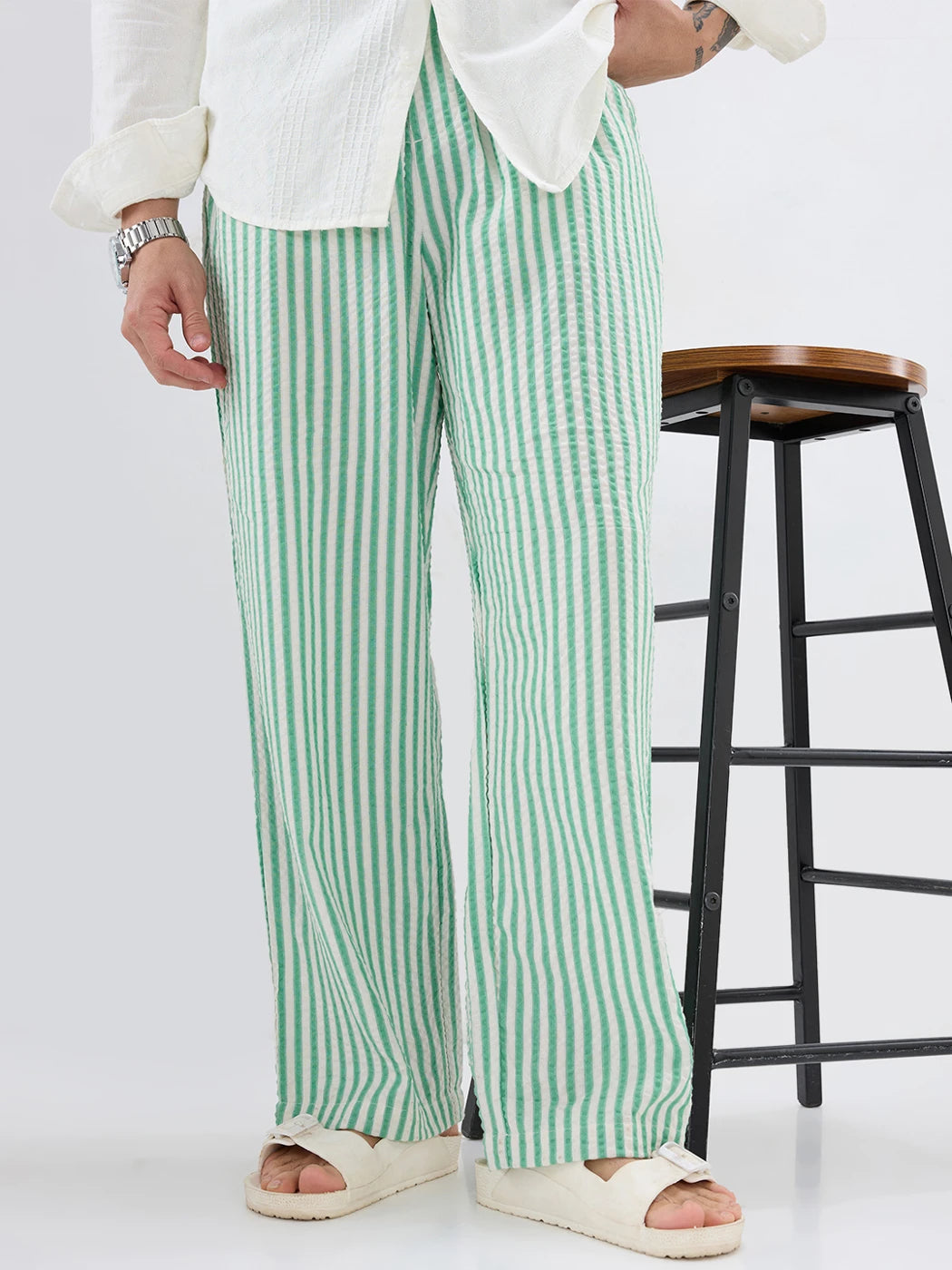 Jade Green Seersucker Candy Striped Straight Fit Trousers