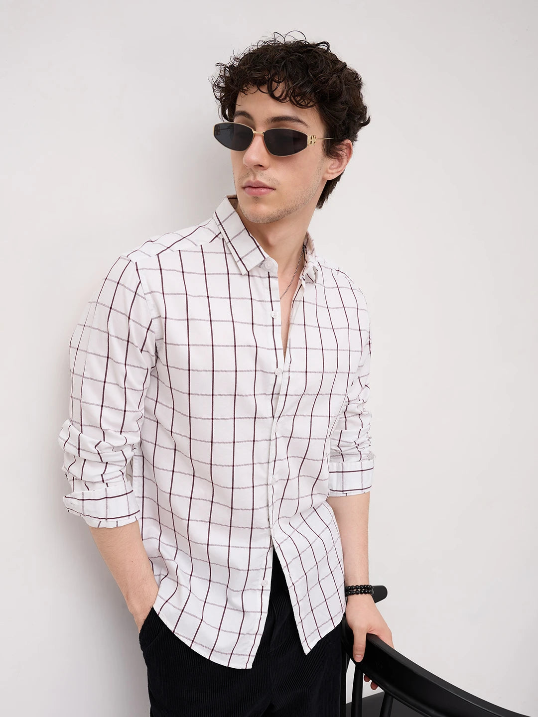 Snow White Geometric Detailed Checks Shirt