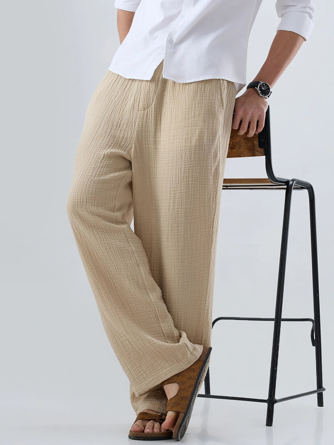 Tuscan Beige Double Cloth Straight Fit Trousers