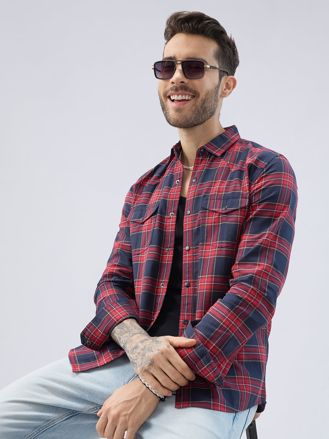 Majestic Red & Navy Tartan Checkered Twin Pocket Shirt