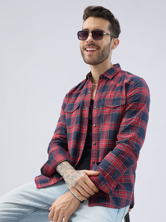 Majestic Red & Navy Tartan Checkered Twin Pocket Shirt