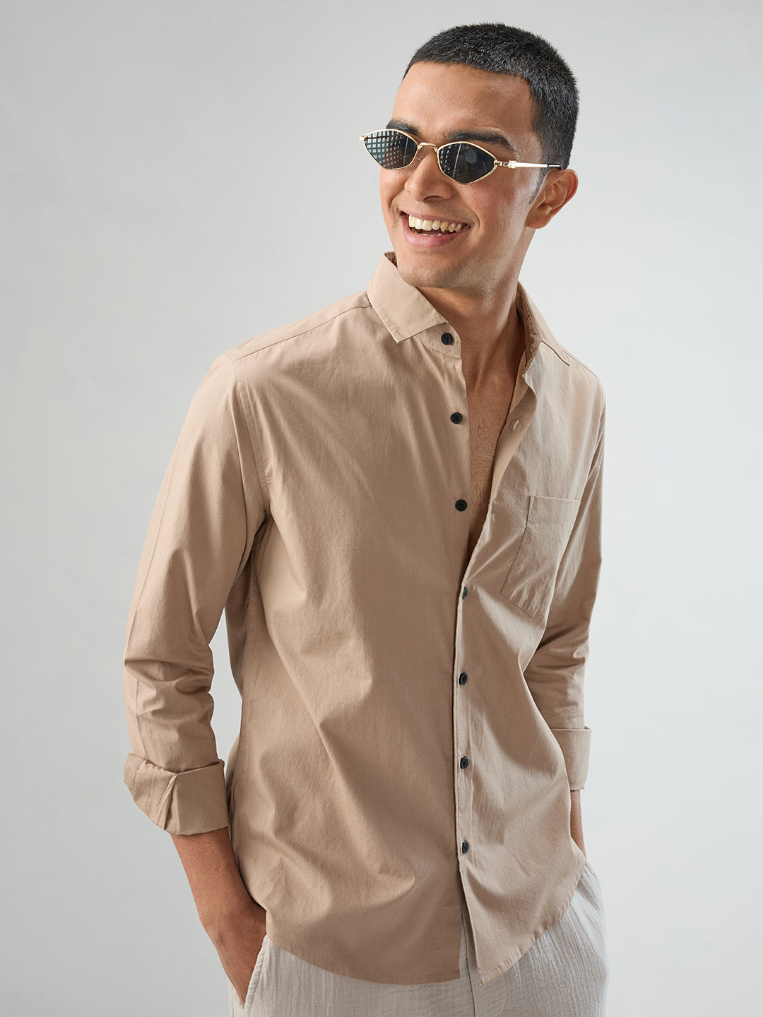 Solid Soft Khaki Beige Poplin Shirt