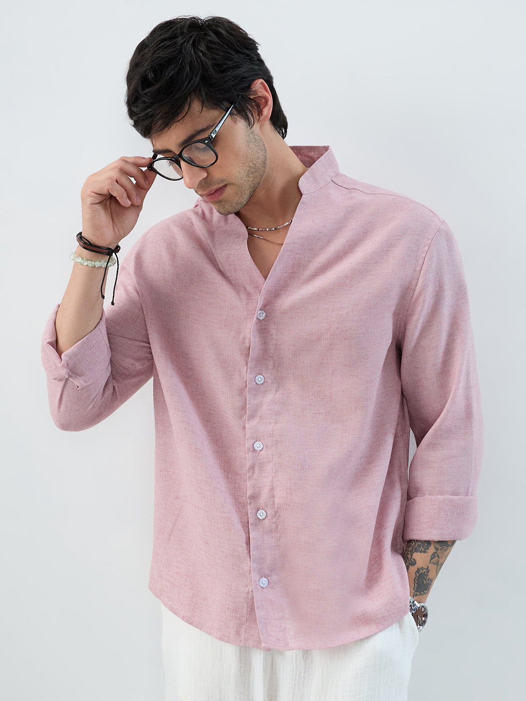 Han Pink Linen Blend Stand-Collar Oversized Shirt