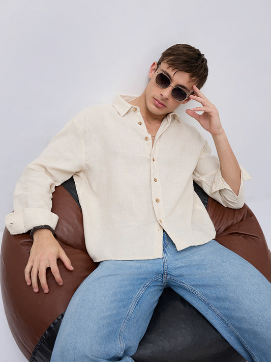 Natural Beige Grain Loom Linen Blend Boxy Fit Crop Shirt