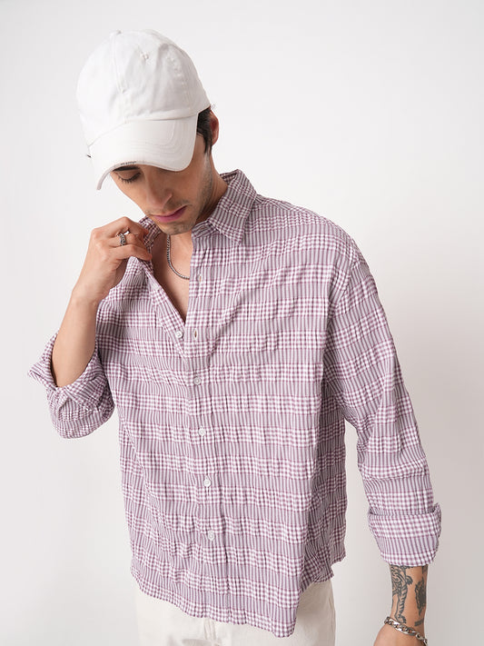 Lilac Seersucker Checks Boxy Fit Crop Shirt