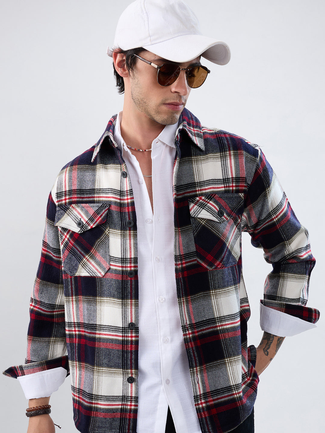 Elevated Crimson Black Winter Checks Double Pocket Flannel Shirt