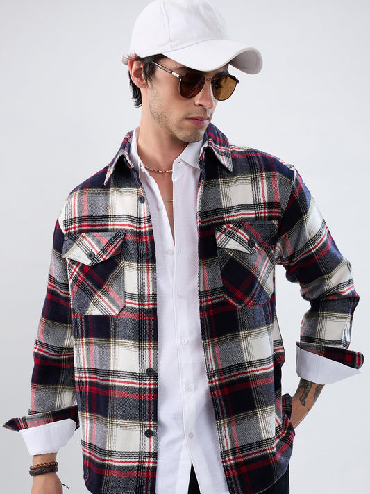 Elevated Crimson Black Winter Checks Double Pocket Flannel Shirt