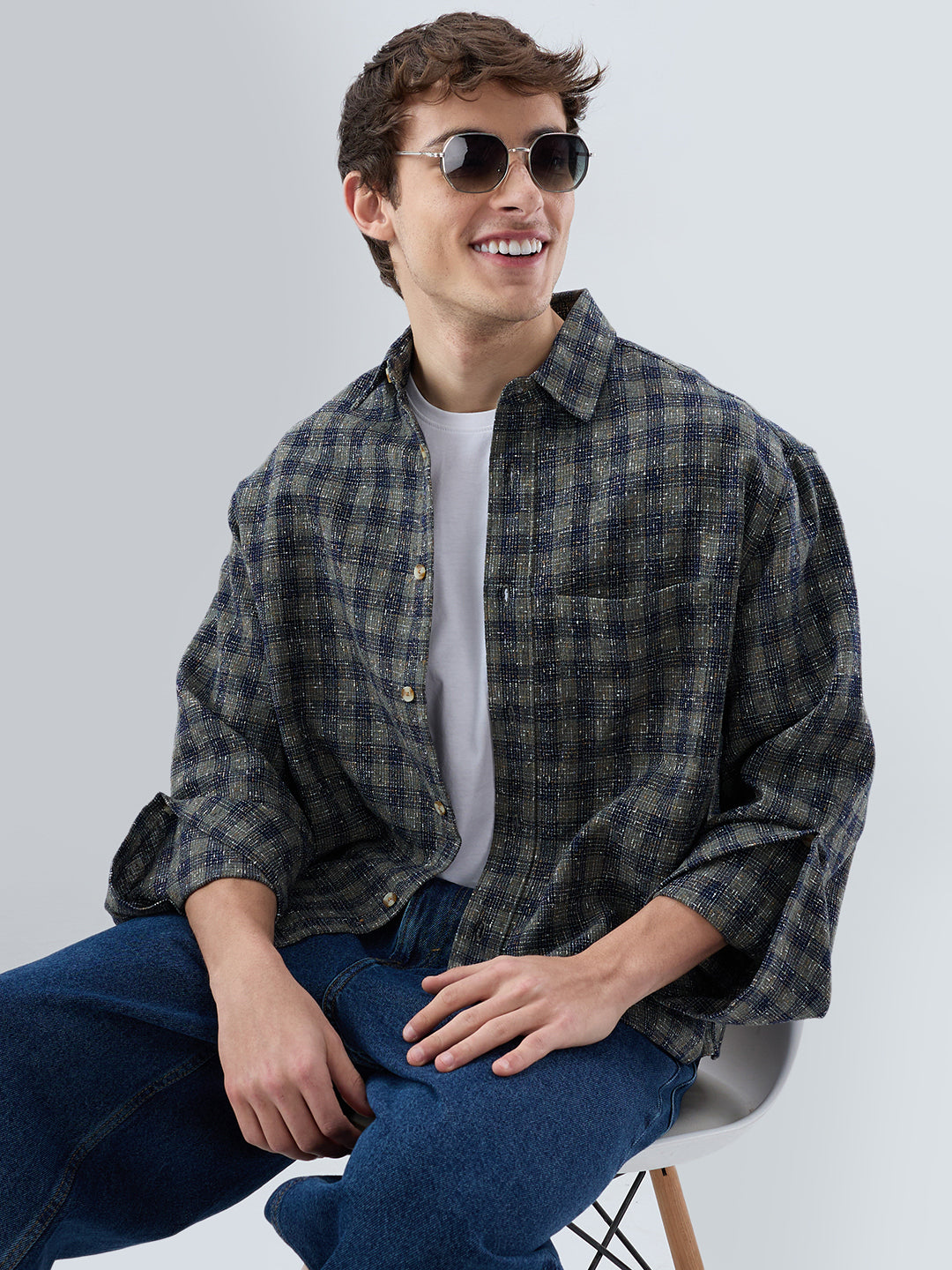 Riwaayat Glossy Olive Checked Oversized Crop Shirt