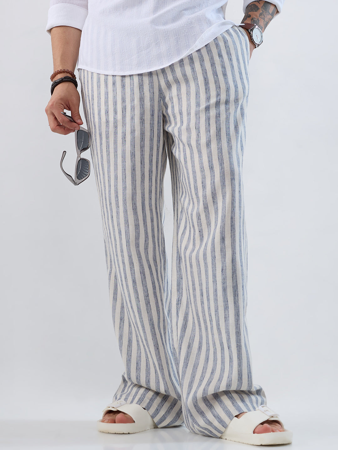 White & Navy Linen Blend Wide-Leg Trousers