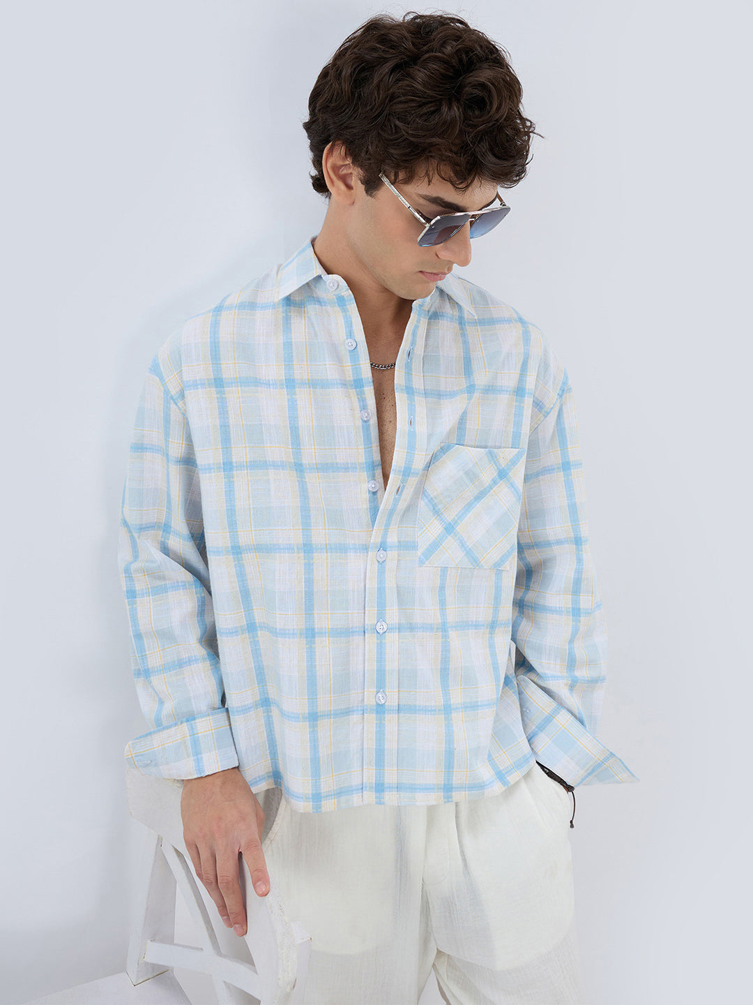 Premium Summer Sky Fine Weave Linen Blend Boxy Fit Crop Shirt