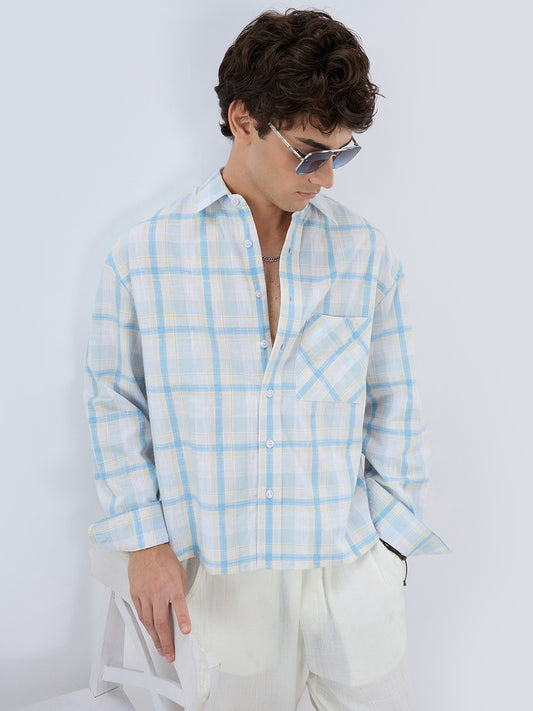 Premium Summer Sky Fine Weave Linen Blend Boxy Fit Crop Shirt