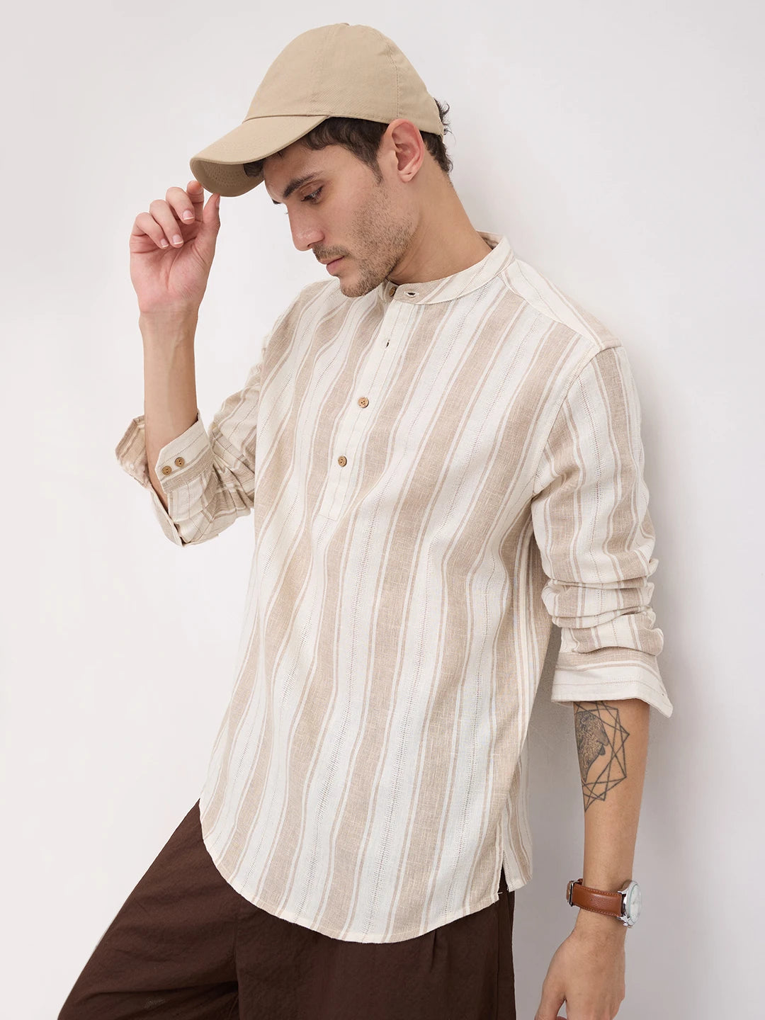 Rustic Sand Beige Vertical Striped Kurta